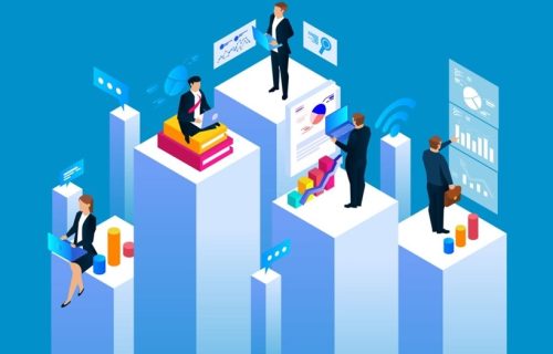 Group of businessmen working in business space, statistical analysis and management